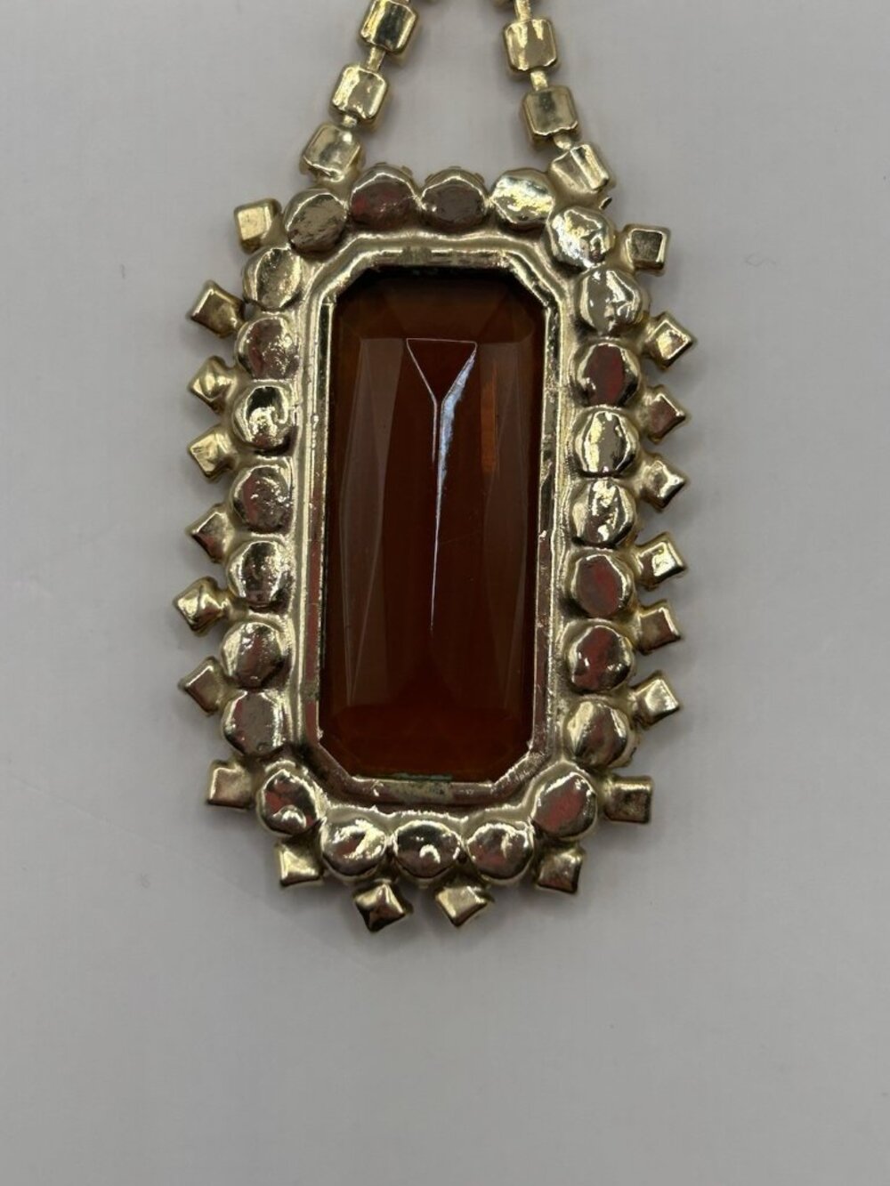 Vintage Statement Brown Glass Rhinestone Pendant Necklace Gold Tone Glam Style - Picture 10 of 16